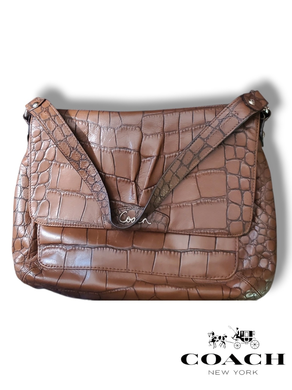 Coach Ashley Croc Embossed Leather Shoulder Bag Brown F17646